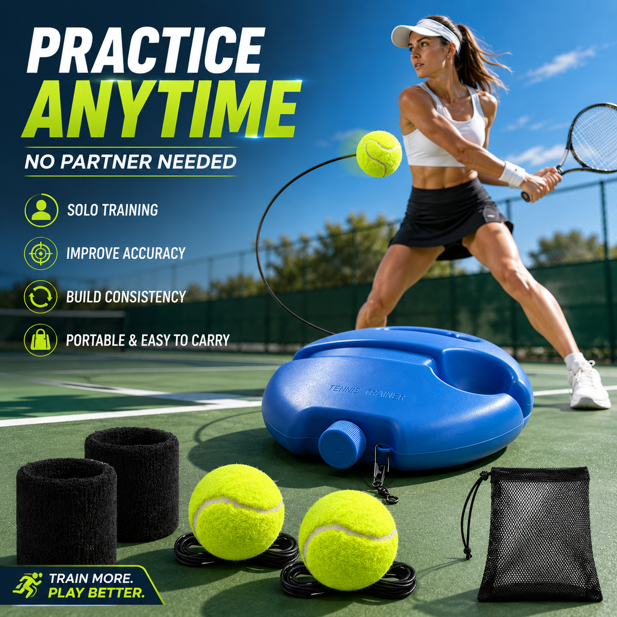 🎾 Solo Tennis Trainer Rebound Set – Practice Anytime, No Partner Needed，2 Balls