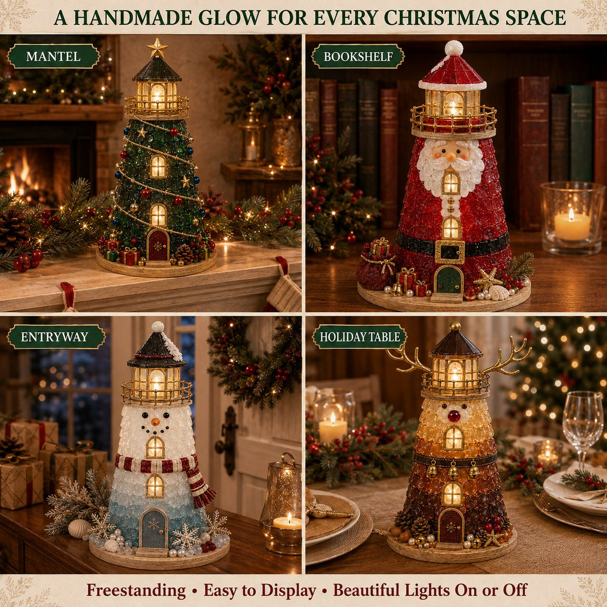🎅 2026 Christmas Gift --🎄Beginner-Friendly DIY Lighted Christmas Character Sea Glass-Style Lighthouse Kit Collection | Complete Kit with Sea Glass-Style Pieces, LED Lights & Step-by-Step Guide Included 💕