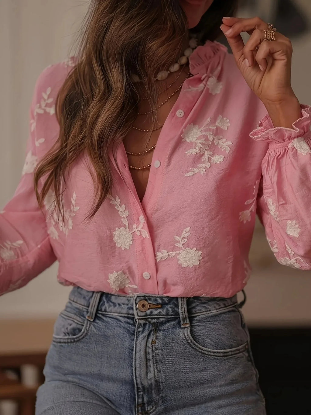 Flower Button Up Long Sleeve Shirt