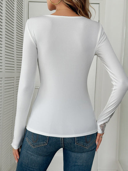 Lace Patchwork Rhinestone Decor Long Sleeves Top
